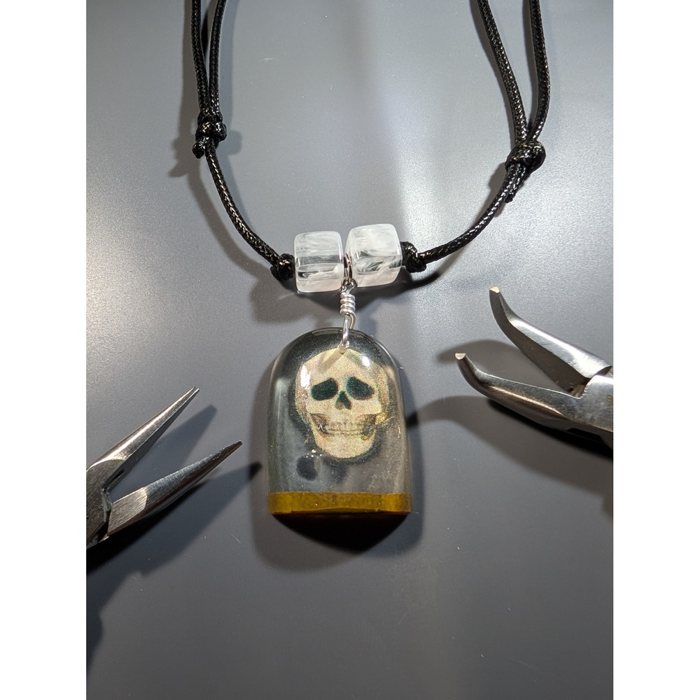 Handmade Skull Resin Pendant Necklace Adjustable Black Cord Gothic Alt Jewelry
